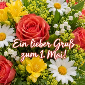 Rosen, Margeriten und Maiglöckchen in einem bunten Strauß, Text: Ein lieber Gruß – zum 1. Mai!