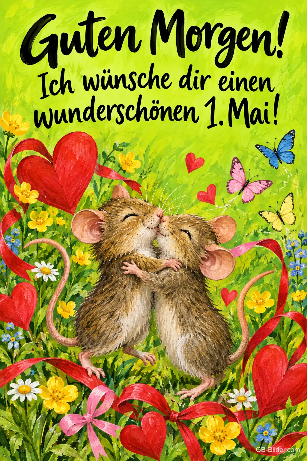 Zwei Mäuse küssen sich auf einer Blumenwiese mit roten Herzen und Schmetterlingen, Text: Guten Morgen! Ich wünsche dir einen wunderschönen 1. Mai! Zwei Mäuse küssen sich auf einer Blumenwiese mit roten Herzen und Schmetterlingen, Text: Guten Morgen! Ich wünsche dir einen wunderschönen 1. Mai!
