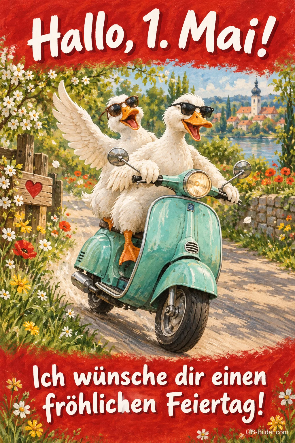 Zwei Gänse mit Sonnenbrillen fahren Motorroller, Text: Hallo, 1. Mai! – Ich wünsche dir einen fröhlichen Feiertag! Zwei Gänse mit Sonnenbrillen fahren Motorroller, Text: Hallo, 1. Mai! – Ich wünsche dir einen fröhlichen Feiertag!