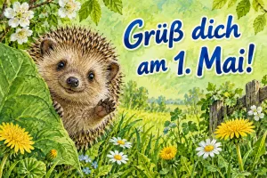 Igel winkt in einer Frühlingswiese, Text: Grüß dich – am 1. Mai!
