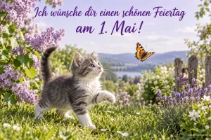 Kätzchen jagt einen Schmetterling zwischen Flieder, Text: Ich wünsche dir einen schönen Feiertag – am 1. Mai!