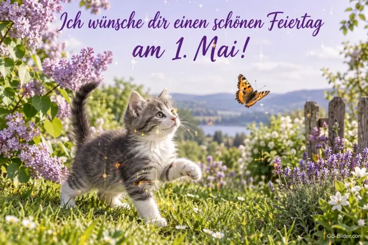 Kätzchen jagt einen Schmetterling zwischen Flieder, Text: Ich wünsche dir einen schönen Feiertag – am 1. Mai! Kätzchen jagt einen Schmetterling zwischen Flieder, Text: Ich wünsche dir einen schönen Feiertag – am 1. Mai!