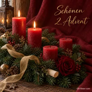 Adventsgesteck mit vier roten Kerzen, zwei brennen, Text: Schönen 2. Advent