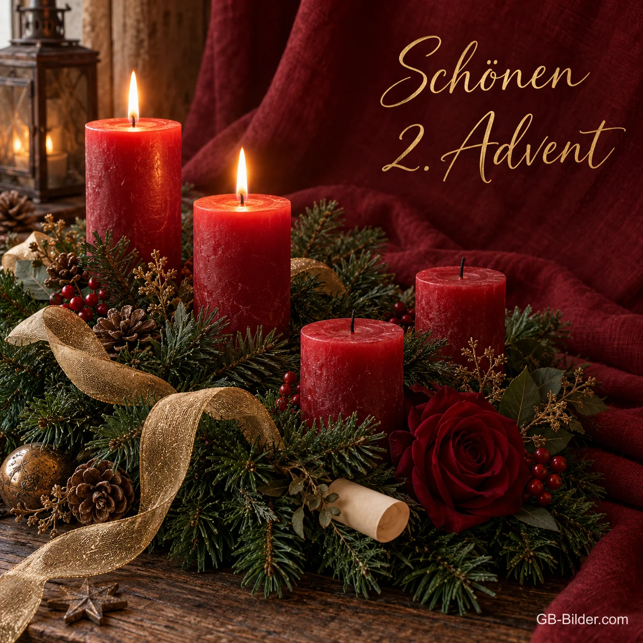 Adventsgesteck mit vier roten Kerzen, zwei brennen, Text: Schönen 2. Advent Adventsgesteck mit vier roten Kerzen, zwei brennen, Text: Schönen 2. Advent