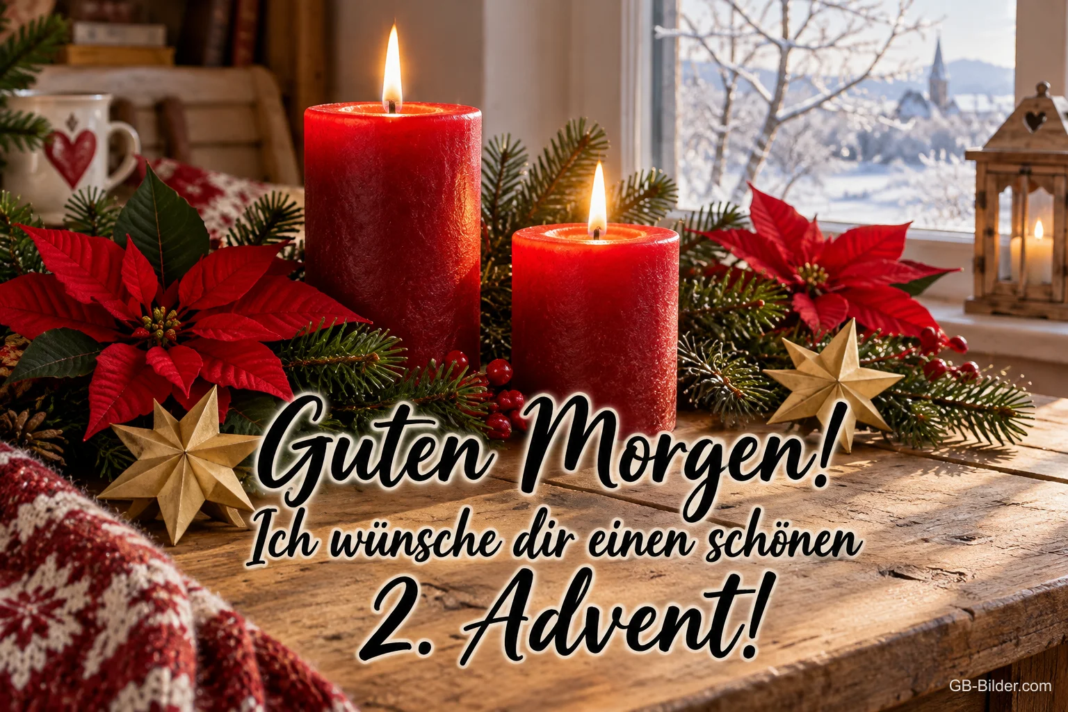 Zwei brennende rote Kerzen mit Weihnachtssternen und Tannenzweigen, Text: Guten Morgen! – Ich wünsche dir einen schönen 2. Advent! Zwei brennende rote Kerzen mit Weihnachtssternen und Tannenzweigen, Text: Guten Morgen! – Ich wünsche dir einen schönen 2. Advent!