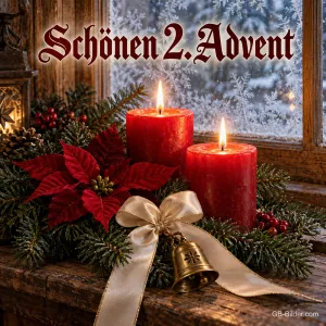 Zwei brennende rote Kerzen mit Weihnachtsstern und Glocke am Fenster, Text: Schönen 2. Advent