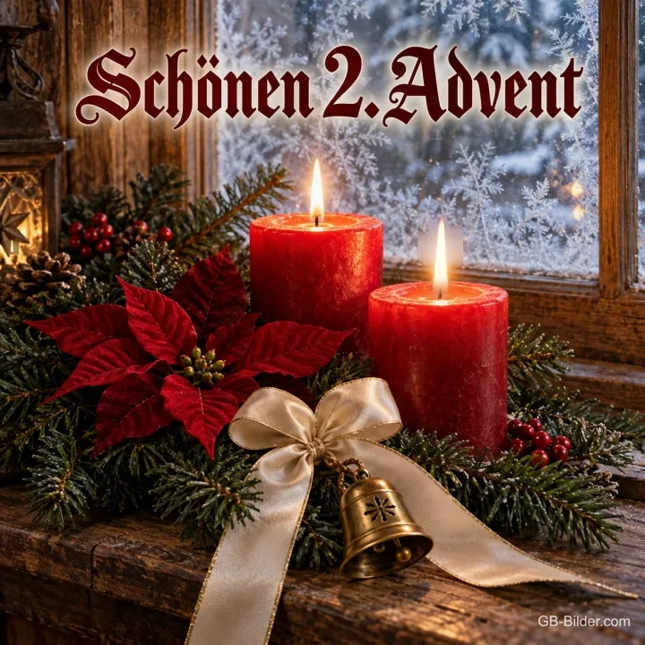 Zwei brennende rote Kerzen mit Weihnachtsstern und Glocke am Fenster, Text: Schönen 2. Advent Zwei brennende rote Kerzen mit Weihnachtsstern und Glocke am Fenster, Text: Schönen 2. Advent