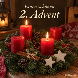 Adventskranz mit vier roten Kerzen, zwei brennen, Text: Einen schönen 2. Advent