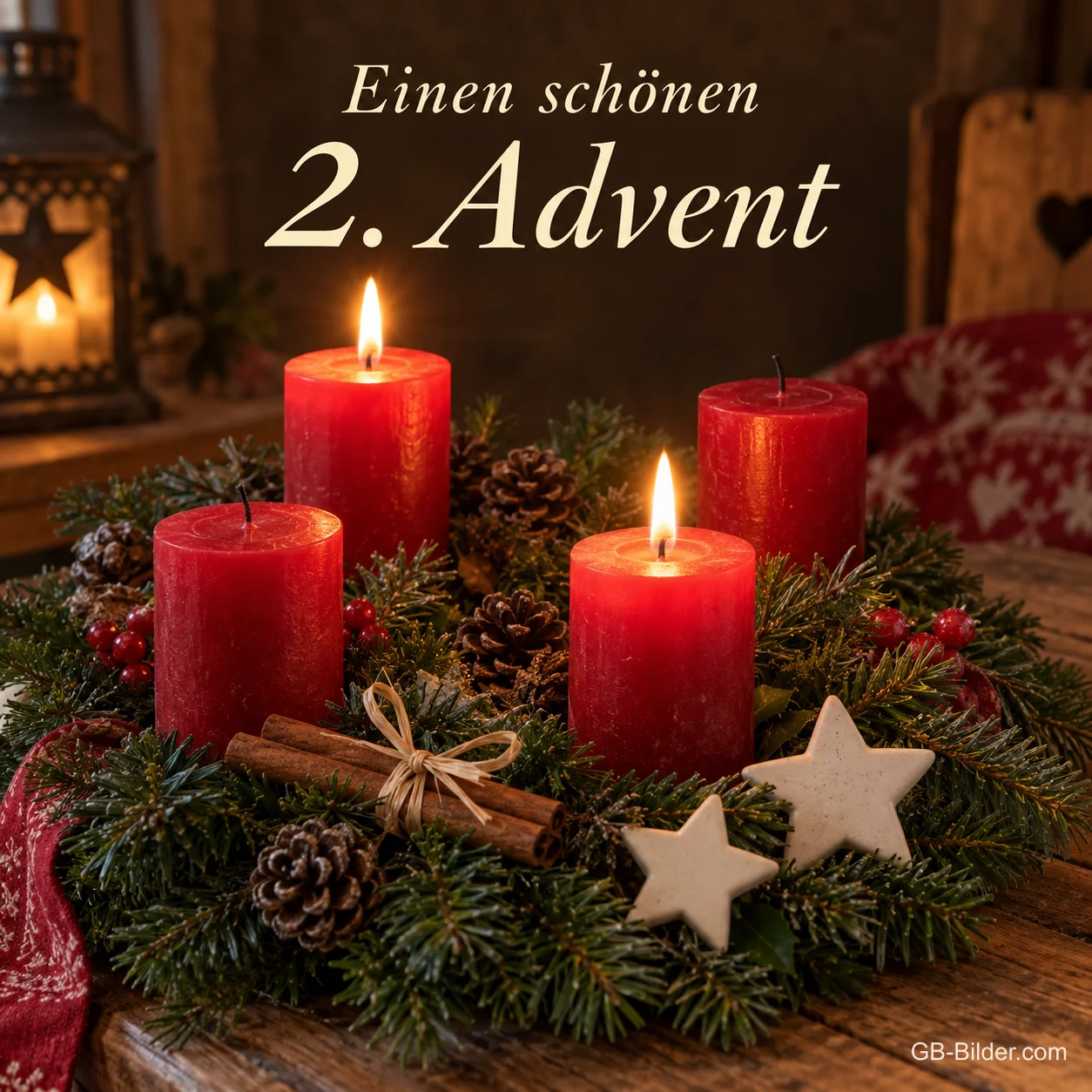Adventskranz mit vier roten Kerzen, zwei brennen, Text: Einen schönen 2. Advent Adventskranz mit vier roten Kerzen, zwei brennen, Text: Einen schönen 2. Advent