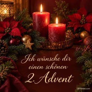 Zwei brennende rote Kerzen zwischen Weihnachtssternen, Text: Ich wünsche dir einen schönen 2. Advent