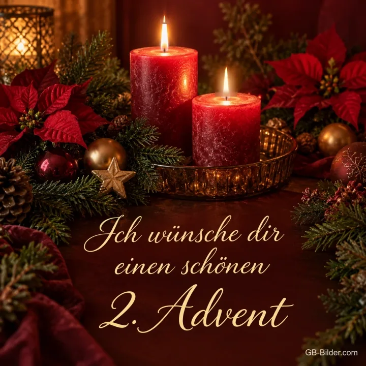 Zwei brennende rote Kerzen zwischen Weihnachtssternen, Text: Ich wünsche dir einen schönen 2. Advent Zwei brennende rote Kerzen zwischen Weihnachtssternen, Text: Ich wünsche dir einen schönen 2. Advent