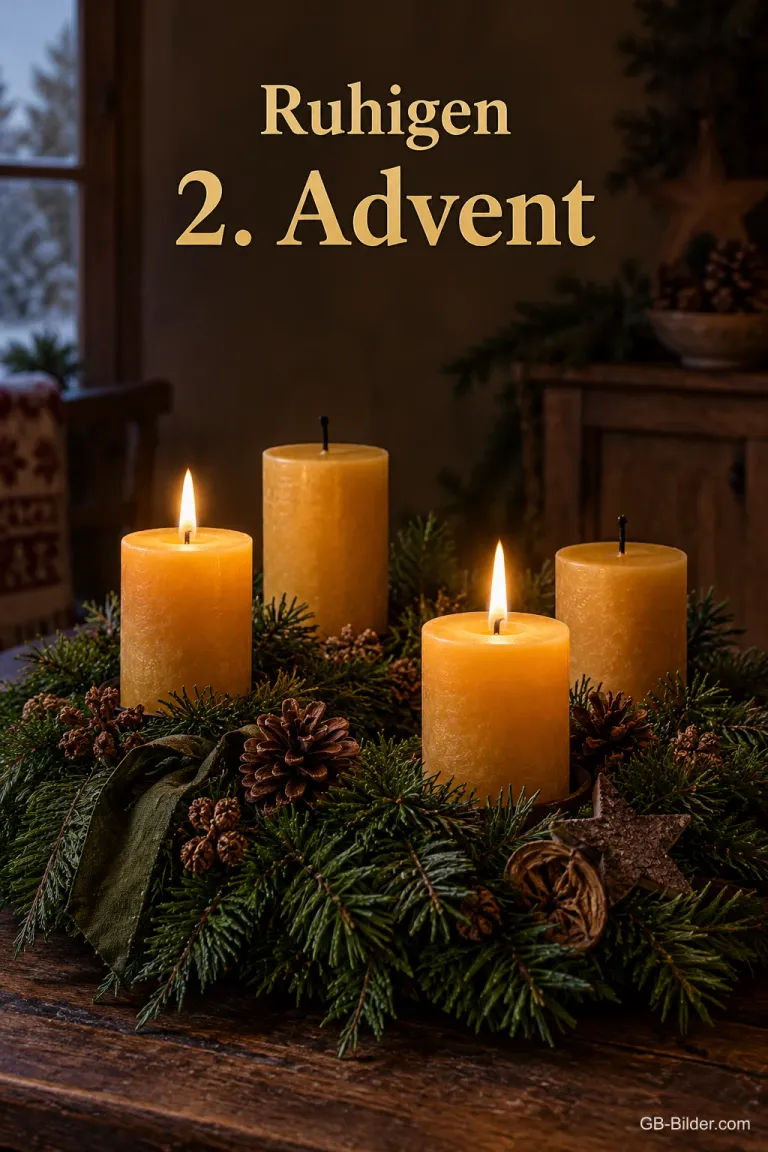 Adventskranz mit vier Kerzen, zwei brennen, Text: Ruhigen 2. Advent