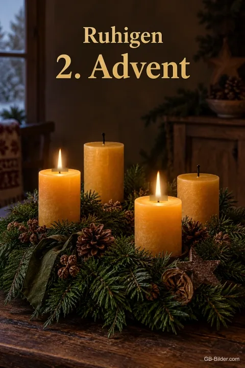 Adventskranz mit vier Kerzen, zwei brennen, Text: Ruhigen 2. Advent Adventskranz mit vier Kerzen, zwei brennen, Text: Ruhigen 2. Advent