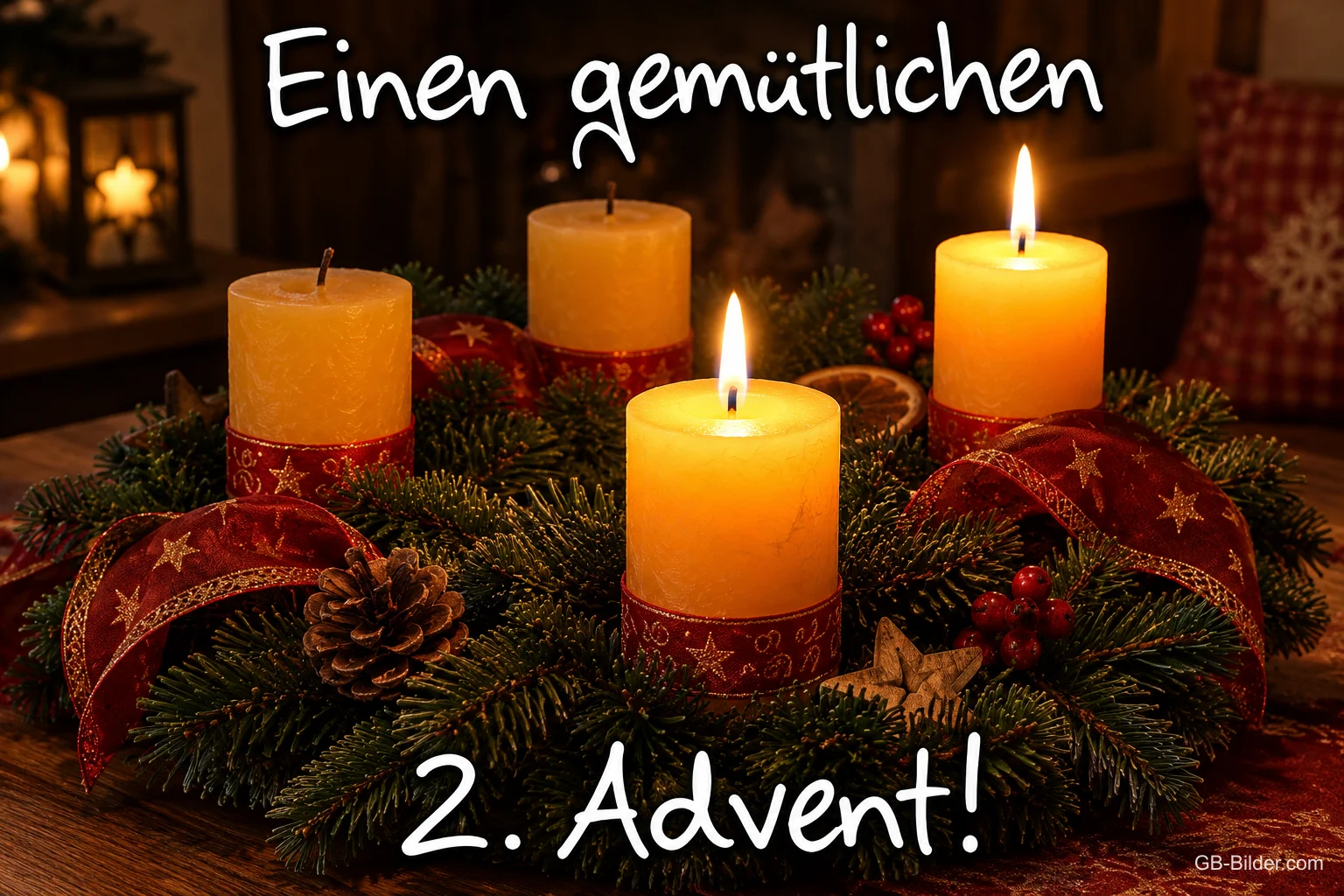 Adventskranz mit vier Kerzen, zwei brennen, Text: Einen gemütlichen – 2. Advent! Adventskranz mit vier Kerzen, zwei brennen, Text: Einen gemütlichen – 2. Advent!