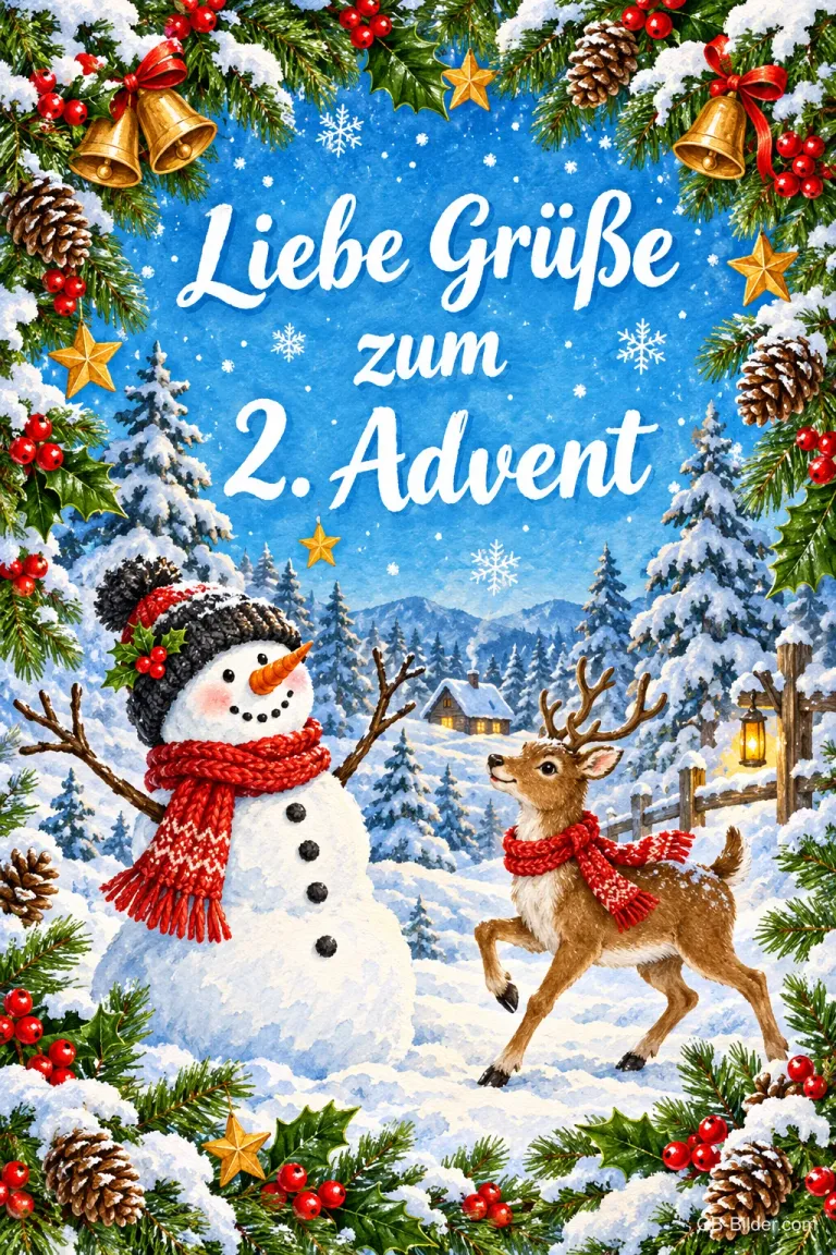Schneemann und Reh mit Schals im verschneiten Winterwald, Text: Liebe Grüße zum 2. Advent