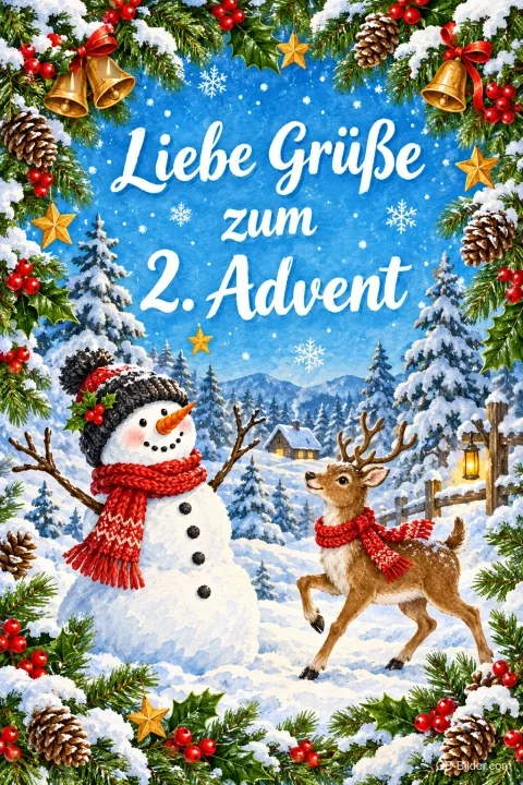 Schneemann und Reh mit Schals im verschneiten Winterwald, Text: Liebe Grüße zum 2. Advent Schneemann und Reh mit Schals im verschneiten Winterwald, Text: Liebe Grüße zum 2. Advent