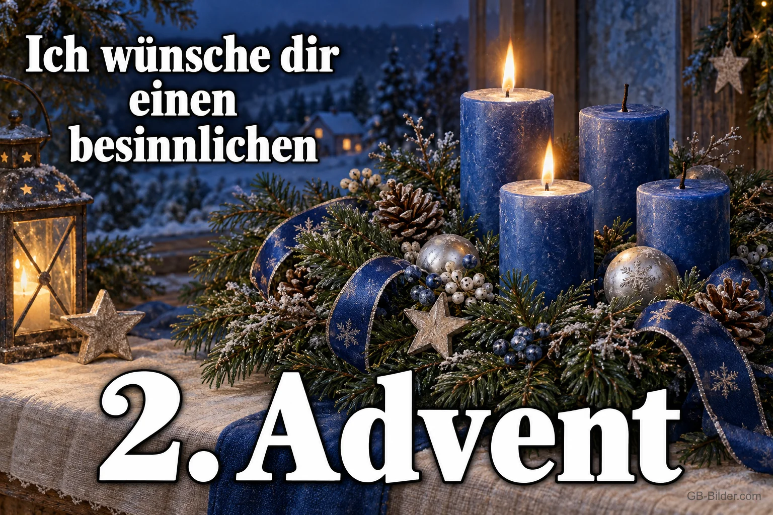 Vier blaue Kerzen, zwei brennen, im Gesteck mit Kugeln am Winterfenster, Text: Ich wünsche dir einen besinnlichen – 2. Advent Vier blaue Kerzen, zwei brennen, im Gesteck mit Kugeln am Winterfenster, Text: Ich wünsche dir einen besinnlichen – 2. Advent