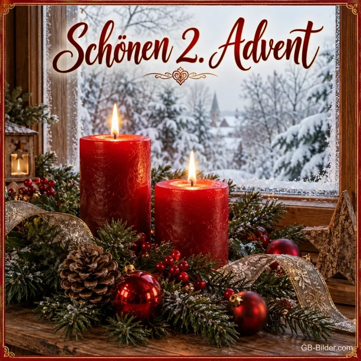 Zwei brennende rote Kerzen mit Tannengrün am verschneiten Fenster, Text: Schönen 2. Advent Zwei brennende rote Kerzen mit Tannengrün am verschneiten Fenster, Text: Schönen 2. Advent