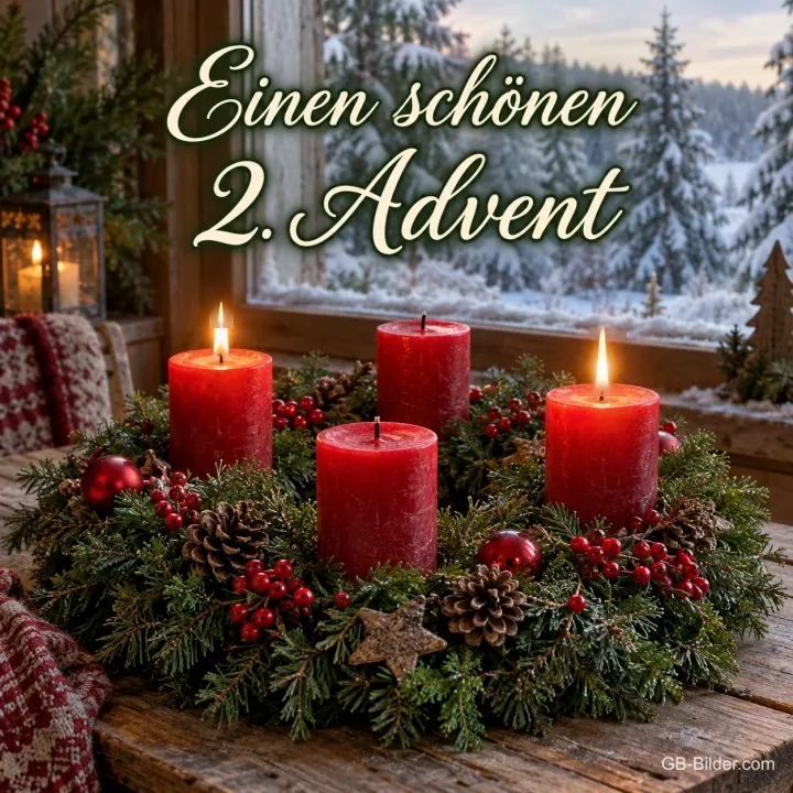 Adventskranz mit vier roten Kerzen, zwei brennen, Text: Einen schönen – 2. Advent Adventskranz mit vier roten Kerzen, zwei brennen, Text: Einen schönen – 2. Advent