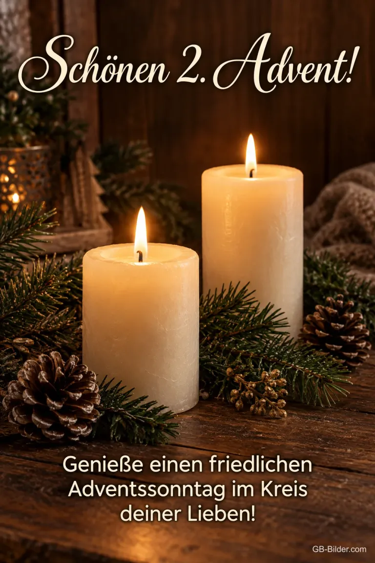 Zwei brennende weiße Kerzen mit Tannenzapfen, Text: Schönen 2. Advent! – Genieße einen friedlichen Adventssonntag im Kreis deiner Lieben!