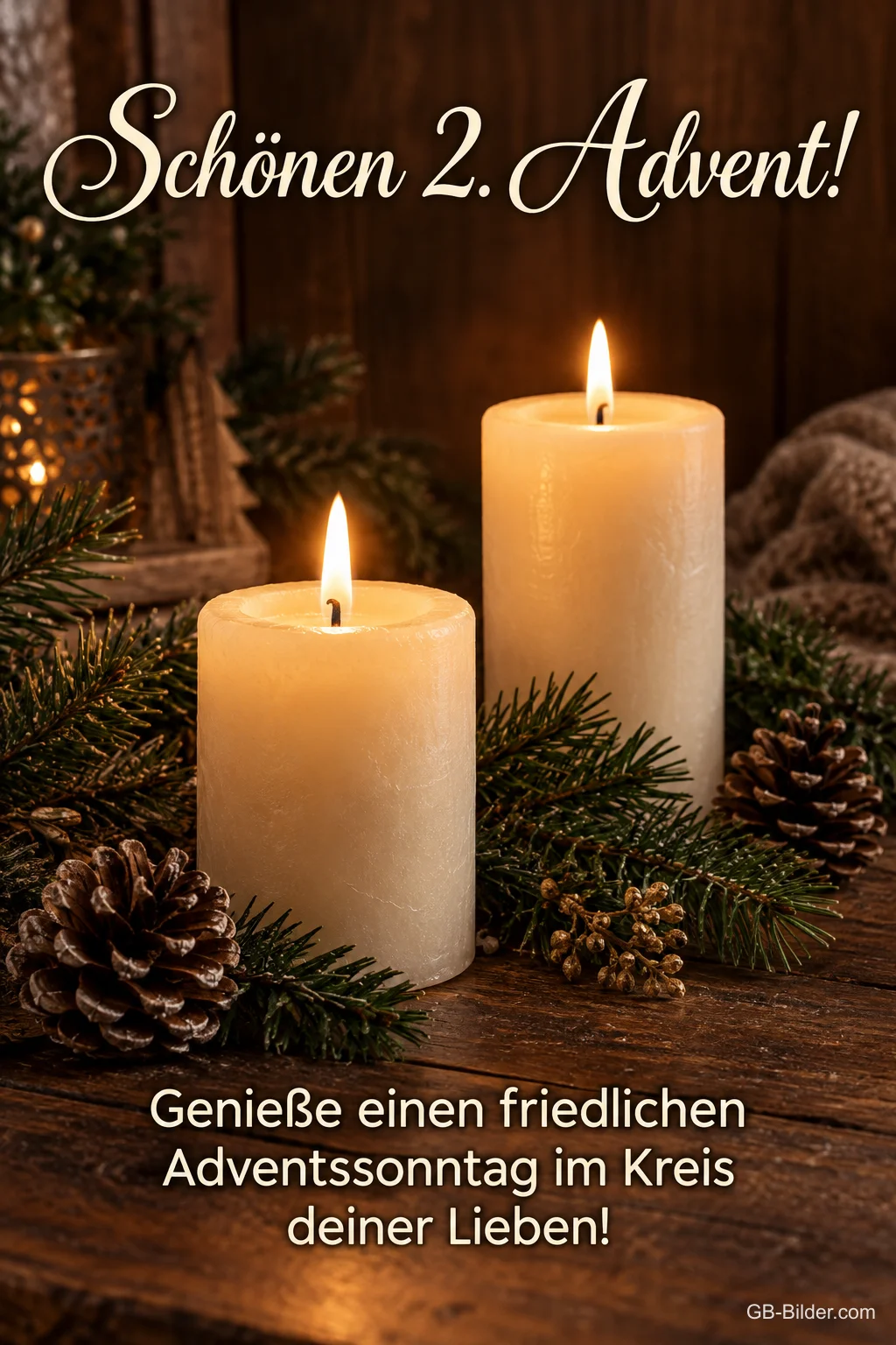 Zwei brennende weiße Kerzen mit Tannenzapfen, Text: Schönen 2. Advent! – Genieße einen friedlichen Adventssonntag im Kreis deiner Lieben! Zwei brennende weiße Kerzen mit Tannenzapfen, Text: Schönen 2. Advent! – Genieße einen friedlichen Adventssonntag im Kreis deiner Lieben!