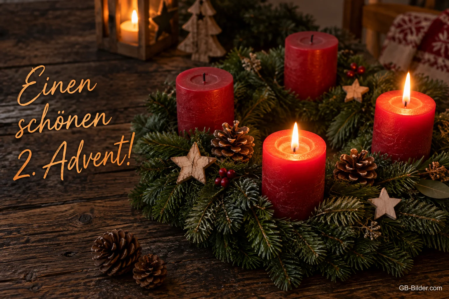 Adventskranz mit vier roten Kerzen, zwei brennen, Text: Einen schönen 2. Advent! Adventskranz mit vier roten Kerzen, zwei brennen, Text: Einen schönen 2. Advent!