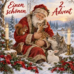 Weihnachtsmann mit Reh, Wolf, Hase und Eichhörnchen, zwei brennende Kerzen, Text: Einen schönen 2. Advent