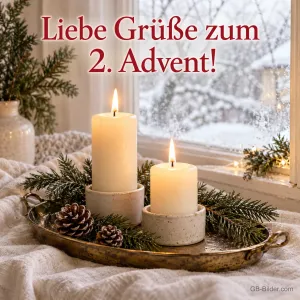 Zwei brennende weiße Kerzen auf einem Tablett am Winterfenster, Text: Liebe Grüße zum 2. Advent!
