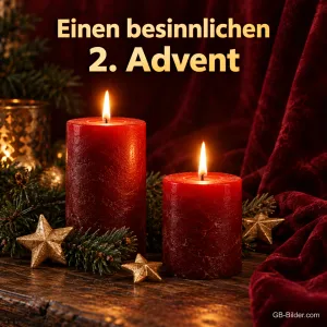 Zwei brennende rote Kerzen mit Sternen und Tannengrün, Text: Einen besinnlichen – 2. Advent