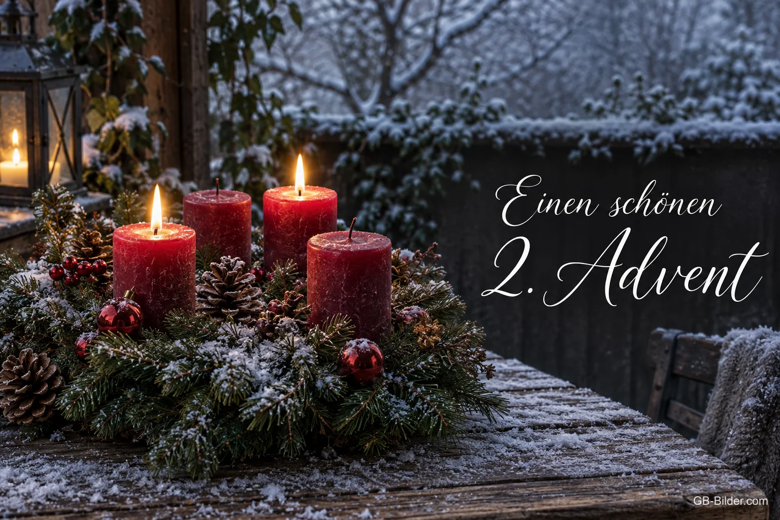Adventskranz mit vier roten Kerzen, zwei brennen, im Schnee, Text: Einen schönen – 2. Advent Adventskranz mit vier roten Kerzen, zwei brennen, im Schnee, Text: Einen schönen – 2. Advent