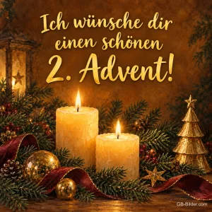 Zwei brennende Kerzen zwischen Tannengrün und goldenen Kugeln, Text: Ich wünsche dir einen schönen – 2. Advent!