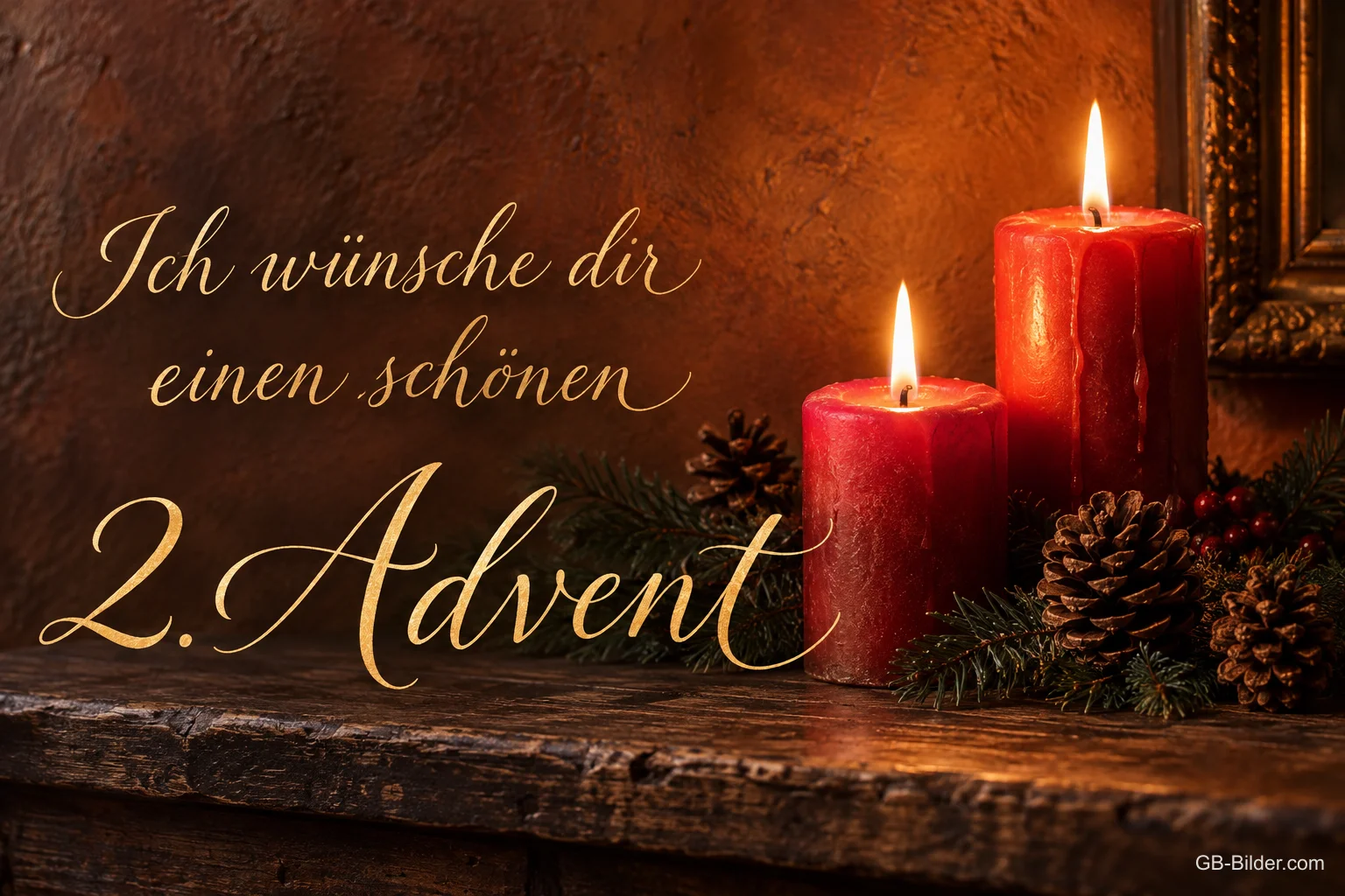 Zwei brennende rote Kerzen mit Tannenzapfen, Text: Ich wünsche dir einen schönen – 2. Advent Zwei brennende rote Kerzen mit Tannenzapfen, Text: Ich wünsche dir einen schönen – 2. Advent