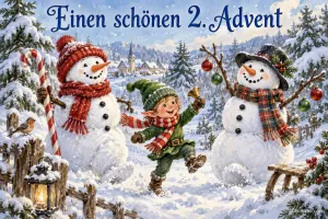 Zwei Schneemänner und ein Wichtel spielen im verschneiten Dorf, Text: Einen schönen 2. Advent