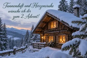 Verschneite Berghütte mit erleuchteten Fenstern, Text: Tannenduft und Herzensruhe – wünsche ich dir zum 2. Advent!