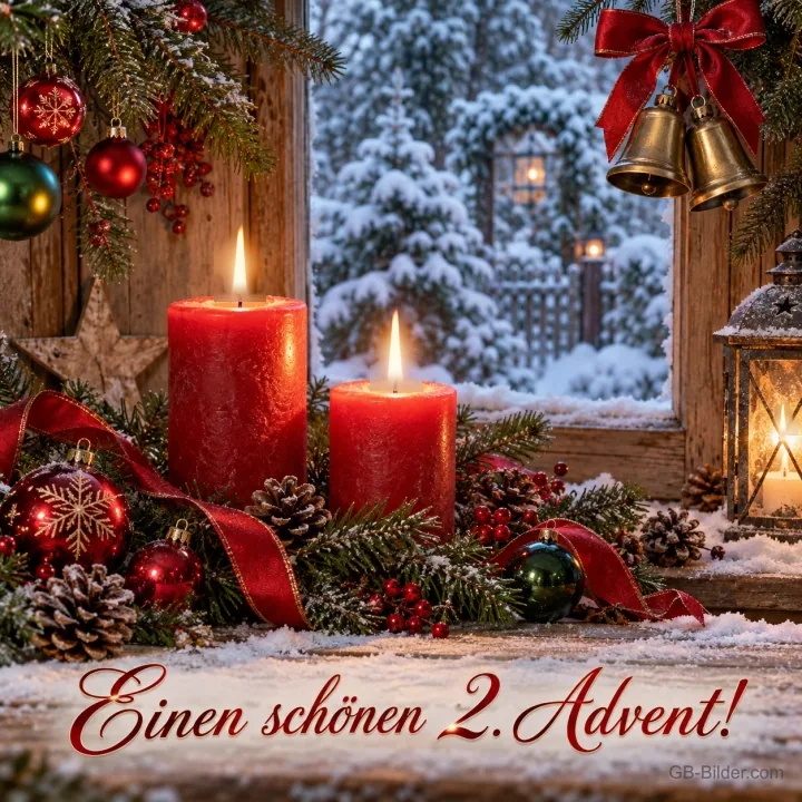 Zwei brennende rote Kerzen am verschneiten Fenster mit Glocken, Text: Einen schönen 2. Advent! Zwei brennende rote Kerzen am verschneiten Fenster mit Glocken, Text: Einen schönen 2. Advent!