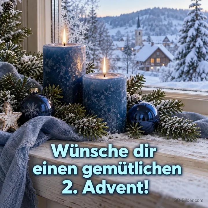 Zwei brennende blaue Kerzen am verschneiten Fenster, Text: Wünsche dir einen gemütlichen – 2. Advent! Zwei brennende blaue Kerzen am verschneiten Fenster, Text: Wünsche dir einen gemütlichen – 2. Advent!