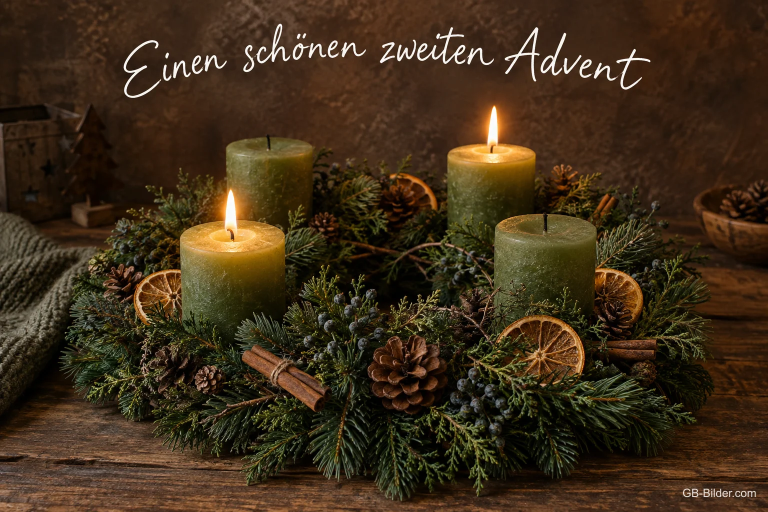 Adventskranz mit vier grünen Kerzen, zwei brennen, Text: Einen schönen zweiten Advent Adventskranz mit vier grünen Kerzen, zwei brennen, Text: Einen schönen zweiten Advent