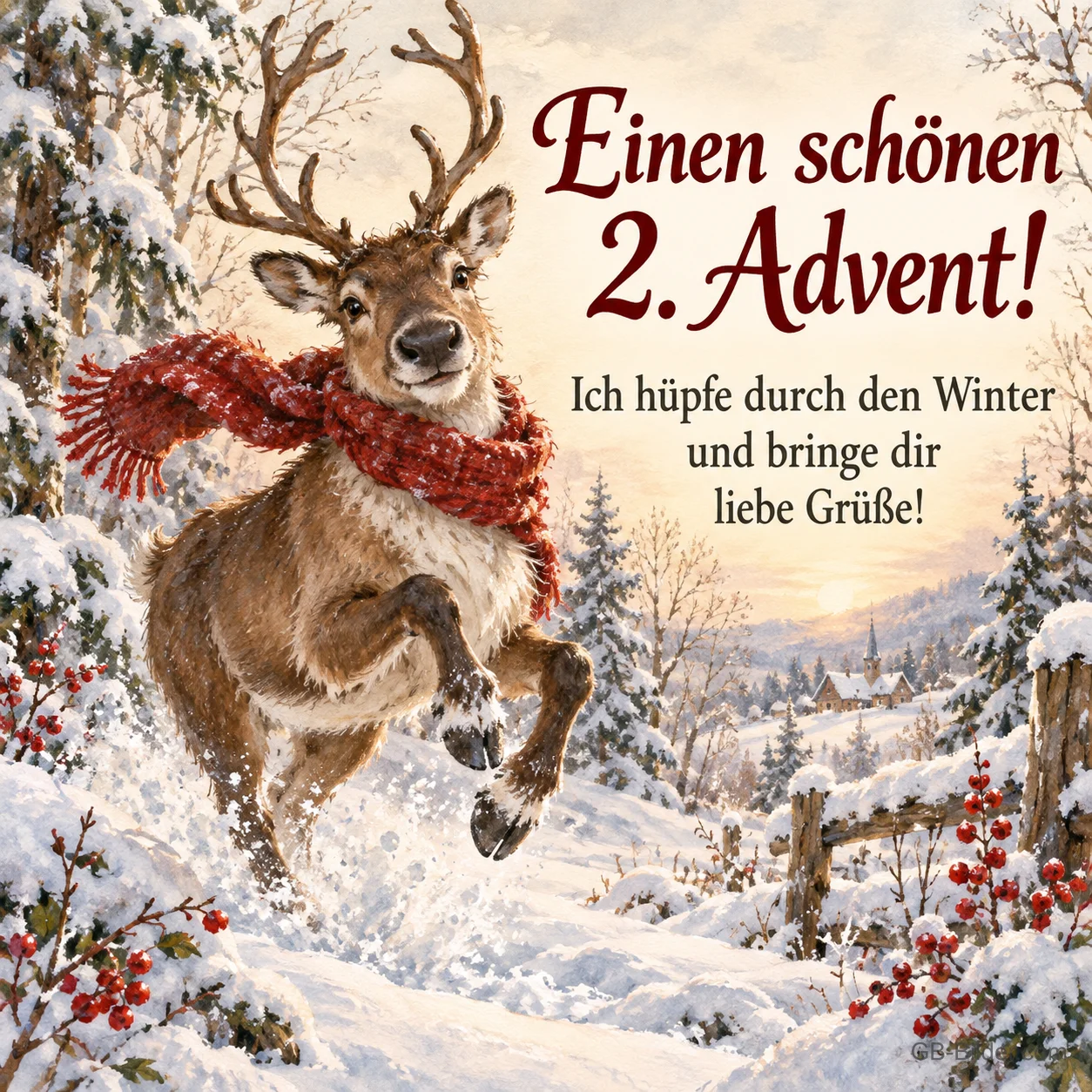 Rentier mit rotem Schal springt durch einen verschneiten Wald, Text: Einen schönen 2. Advent! – Ich hüpfe durch den Winter und bringe dir liebe Grüße! Rentier mit rotem Schal springt durch einen verschneiten Wald, Text: Einen schönen 2. Advent! – Ich hüpfe durch den Winter und bringe dir liebe Grüße!
