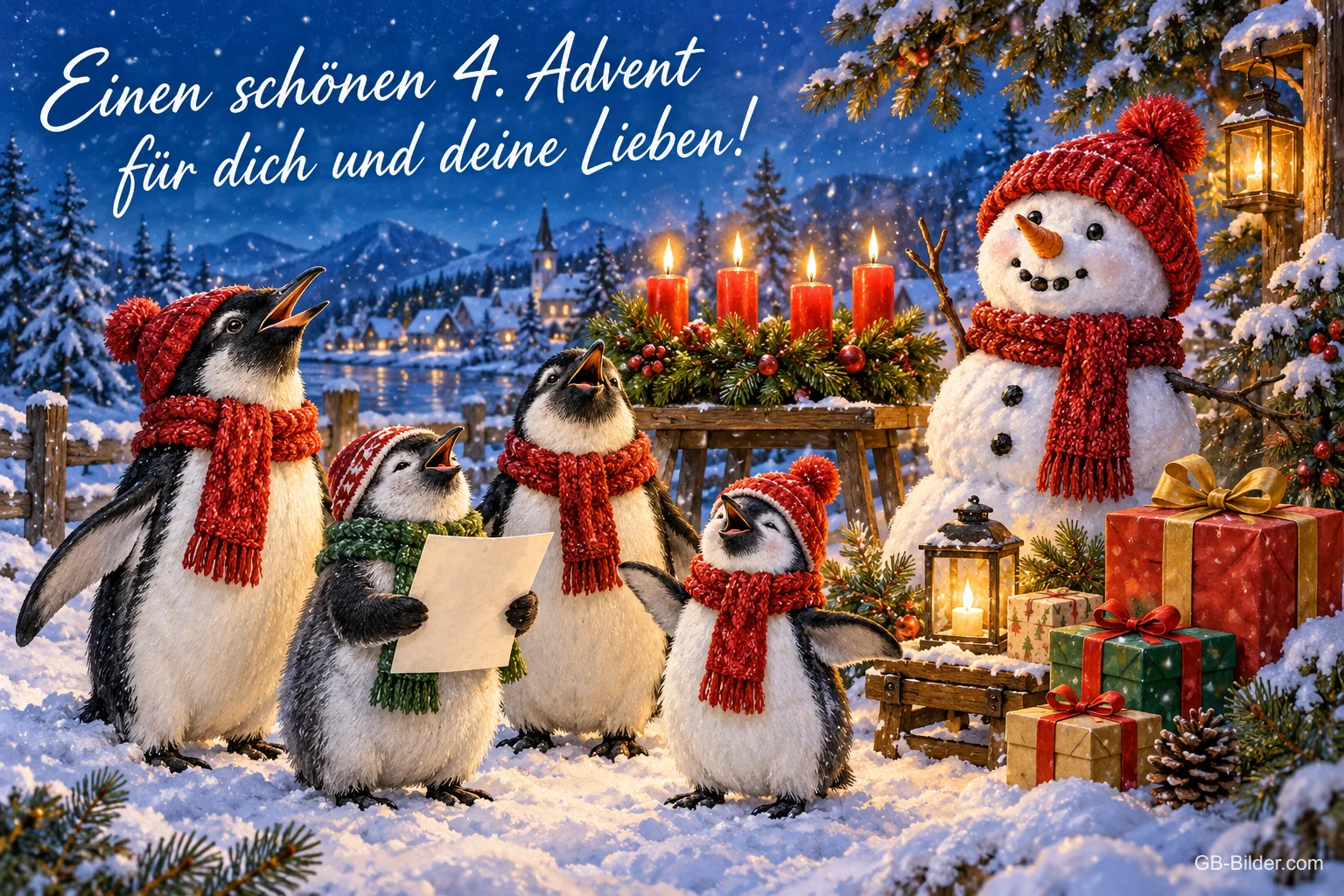Singende Pinguine und Schneemann neben vier brennenden Kerzen, Text: Einen schönen 4. Advent für dich und deine Lieben! Singende Pinguine und Schneemann neben vier brennenden Kerzen, Text: Einen schönen 4. Advent für dich und deine Lieben!