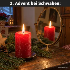 Eine brennende Kerze vor einem Spiegel, der eine zweite Kerze zeigt, Text: 2. Advent bei Schwaben: