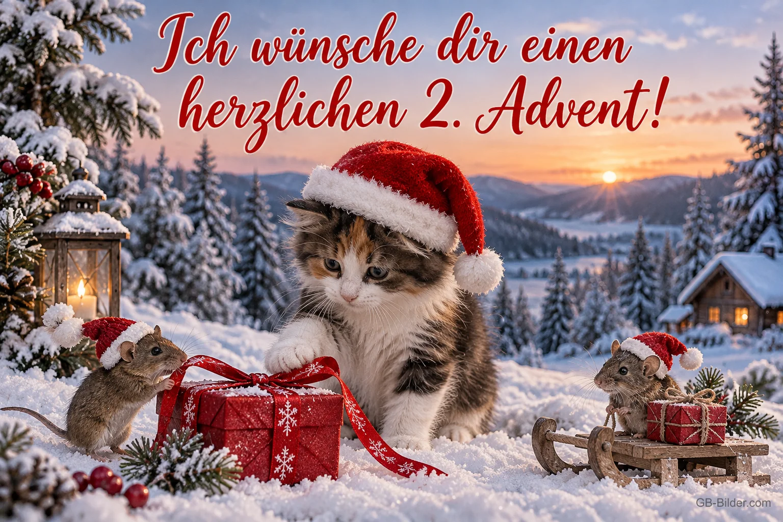 Kätzchen mit Weihnachtsmütze und Mäuse mit Geschenken im Schnee, Text: Ich wünsche dir einen herzlichen – 2. Advent! Kätzchen mit Weihnachtsmütze und Mäuse mit Geschenken im Schnee, Text: Ich wünsche dir einen herzlichen – 2. Advent!