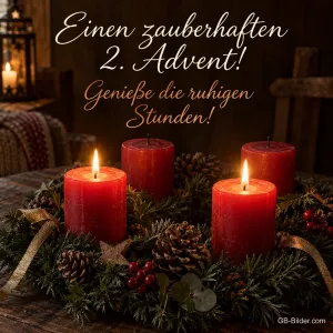 Adventskranz mit vier roten Kerzen, zwei brennen, Text: Einen zauberhaften 2. Advent! – Genieße die ruhigen Stunden!