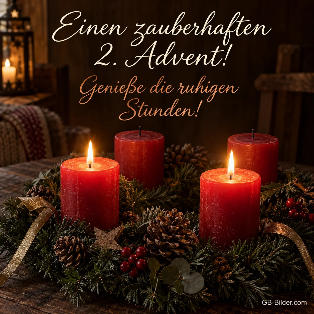 Adventskranz mit vier roten Kerzen, zwei brennen, Text: Einen zauberhaften 2. Advent! – Genieße die ruhigen Stunden! Adventskranz mit vier roten Kerzen, zwei brennen, Text: Einen zauberhaften 2. Advent! – Genieße die ruhigen Stunden!
