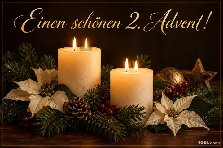 Zwei brennende weiße Kerzen zwischen Weihnachtssternen, Text: Einen schönen 2. Advent! Zwei brennende weiße Kerzen zwischen Weihnachtssternen, Text: Einen schönen 2. Advent!