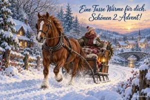 Pferd zieht einen Schlitten mit Fahrerin durch eine Winterlandschaft, Text: Eine Tasse Wärme für dich. – Schönen 2. Advent!