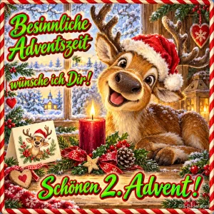Rentier mit Weihnachtsmütze lacht neben einer Kerze am Fenster, Text: Besinnliche Adventszeit wünsche ich Dir! Schönen 2. Advent!