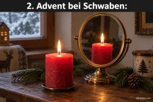 Eine brennende Kerze vor einem Spiegel, Text: 2. Advent bei Schwaben: