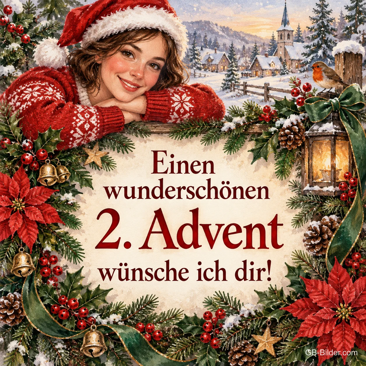 Lächelnde junge Frau mit Weihnachtsmütze über einem Rahmen mit Weihnachtssternen, Text: Einen wunderschönen – 2. Advent wünsche ich dir! Lächelnde junge Frau mit Weihnachtsmütze über einem Rahmen mit Weihnachtssternen, Text: Einen wunderschönen – 2. Advent wünsche ich dir!