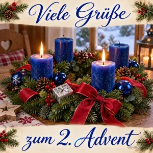 Adventskranz mit vier blauen Kerzen, zwei brennen, Text: Viele Grüße – zum 2. Advent