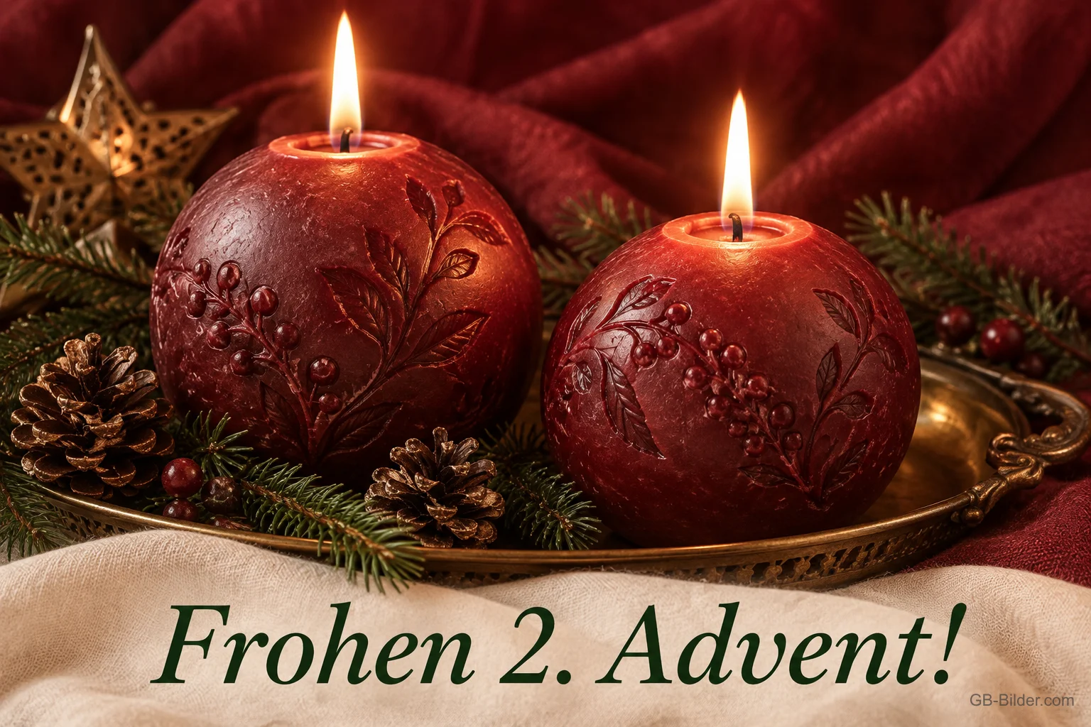 Zwei brennende rote Kugelkerzen mit Zapfen auf einem Tablett, Text: Frohen 2. Advent! Zwei brennende rote Kugelkerzen mit Zapfen auf einem Tablett, Text: Frohen 2. Advent!